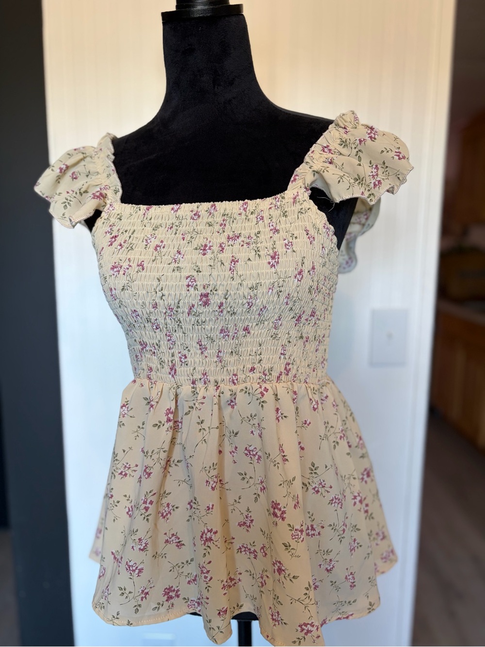 Floral Smocked Square-Neck Peplum Top - Cream with Pink Floral